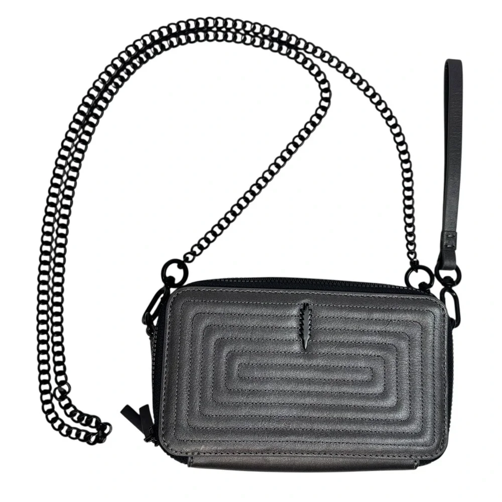 NWOT Thacker‎ Womens Wallet on Black Chain Crossbody Leather Quilted Gray Zip